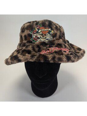 Ed Hardy Leopard Animal Print Faux Fur Bucket Hat Embroidered Skull Roses Patch